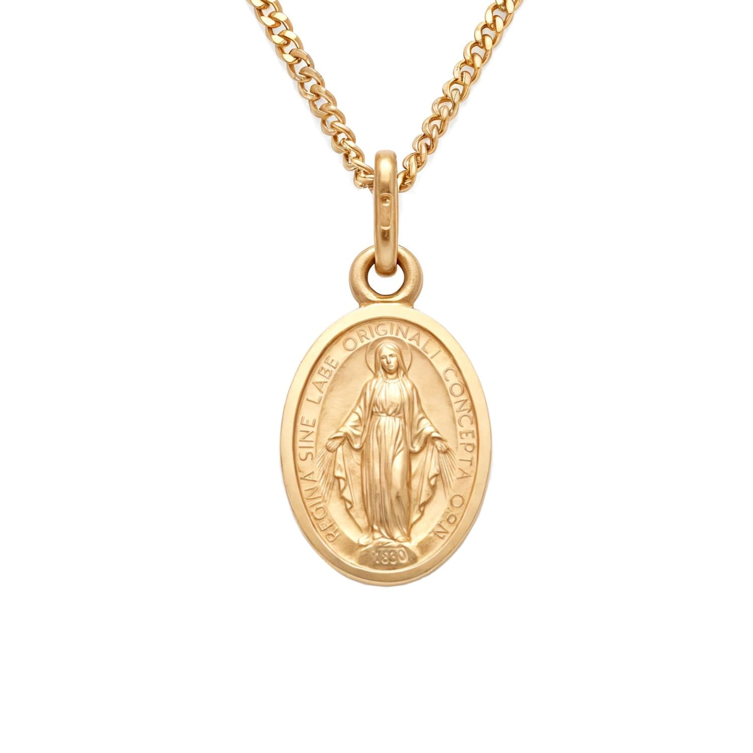 Child's Small Solid 9ct Gold Miraculous Medal Catholic Necklace - 12mm x 9mm Miraculous Medal with 18" 9ct Gold Chain & Jewellery Gift Box - Matt Finish