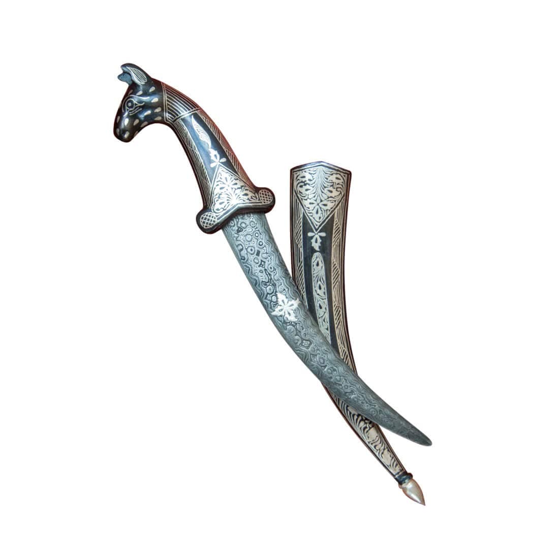 Small Damascus and Koftgari Indian Dagger with Horse Pommel