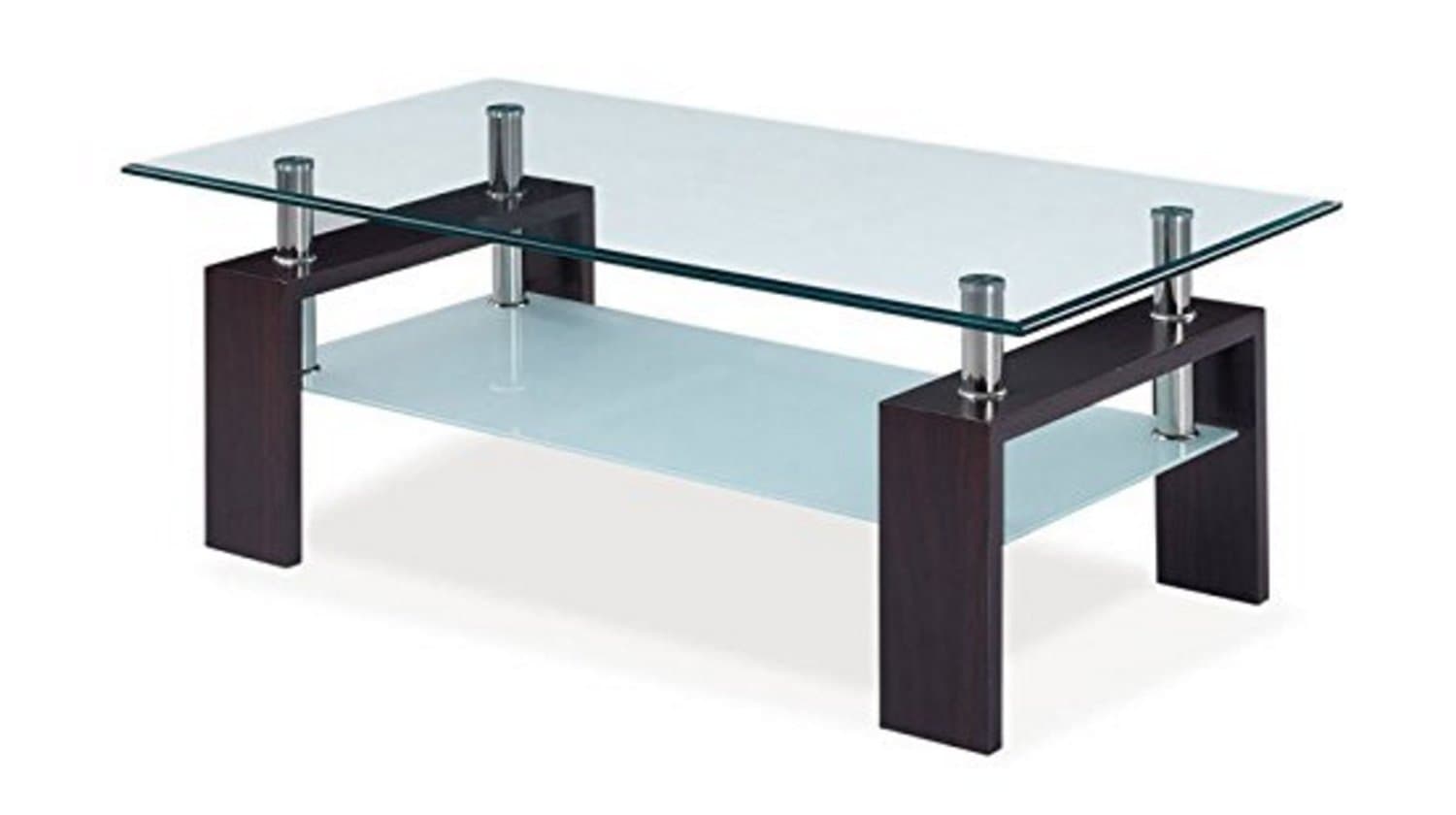 Kissemoji Glass Coffee Table Shelf Chrome Base Living Room Furniture (Rectangular, Walnut)