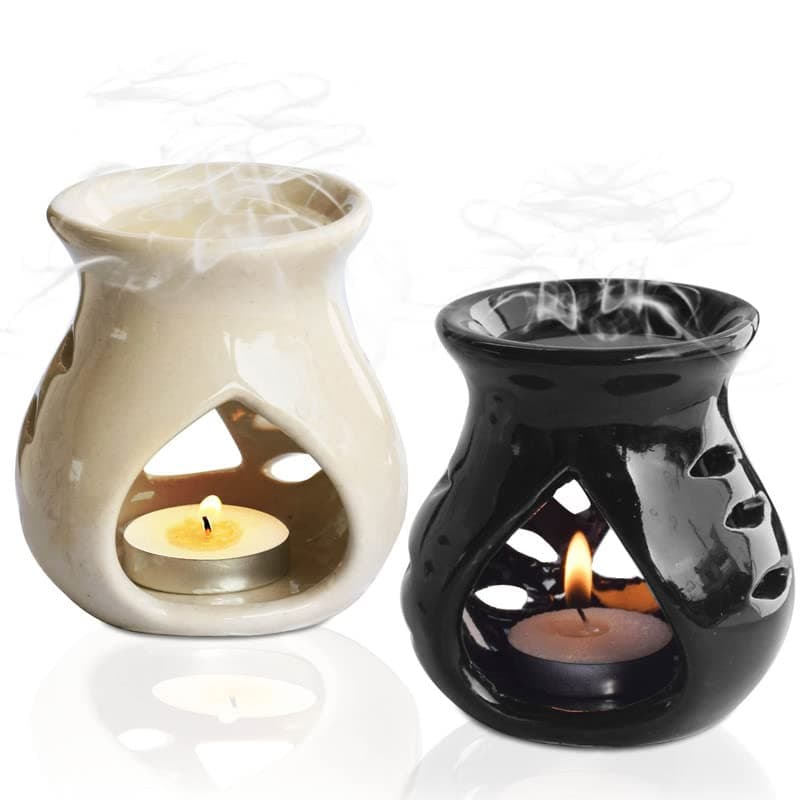Pure Source India Ceramic Oil Burner Aroma Diffuser Set of 2 (Black & Off-White)