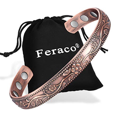 Feraco Copper Bracelet for Women, Ultra Strength Magnetic Bracelets, 99.99% Pure Copper Cuff Bangle with 3500 Gauss Neodymium Magnets, Adjustable, Vintage Flower Collection