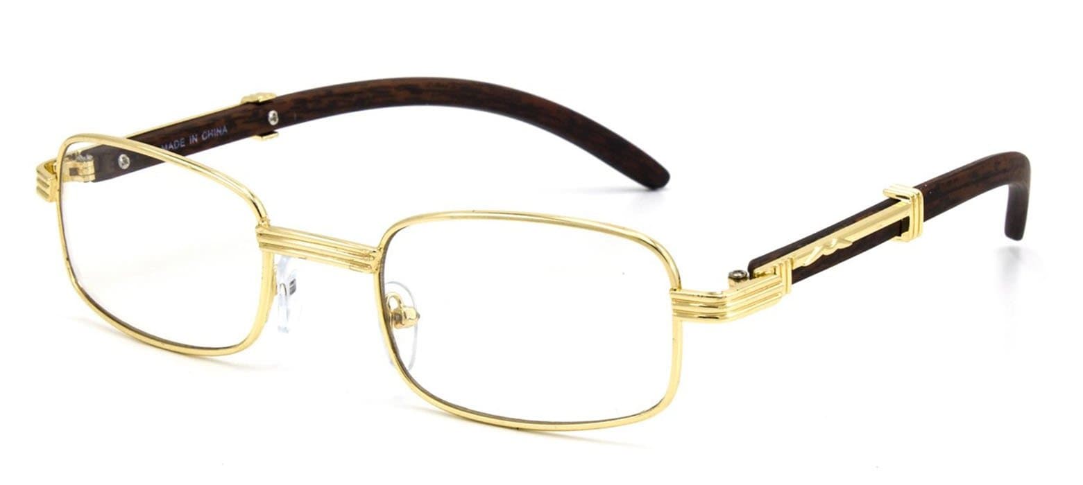 CY SUN Mens CLASSY Style Clear Lens EYE GLASSES Wooden Print Square Gold Frame