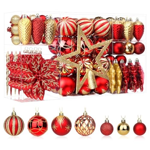 SHareconn 106pcs Christmas Baubles Ornaments Set,Shatterproof Plastic Decorative Baubles for christmas tree decorations, Holiday Wedding Party Decoration with Hooks Included,Red & Gold