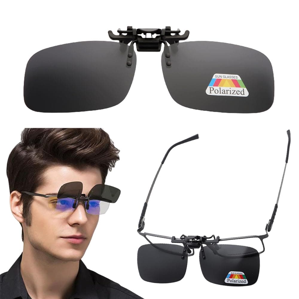 Polarized Clip On Sunglasses,Anti-Glare Driving Glasses For Prescription Glasses,Clip-On Flip Up Metal Clip Rimless Sunglasses For Men Women Fishing Running Travelling Outdoor(Black),Standard