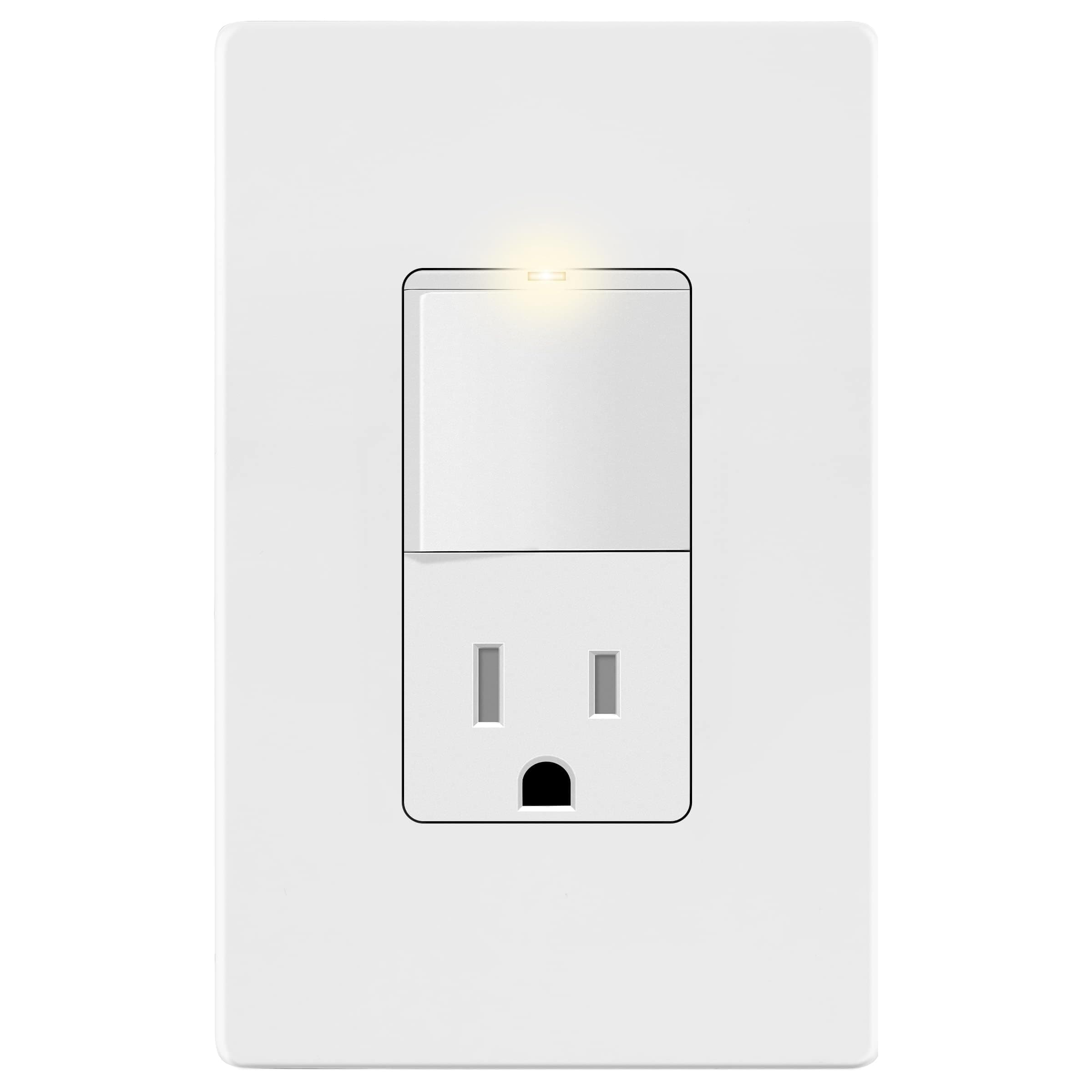 LIDER Matte Finish Lighted Combination Decorator Switch and Tamper-Resistant Receptacle with Screwless Wall Plate, Single Pole, Residential Grade, 15A 120V/125V, UL Listed, LCS1-1PTR-WSWP, White
