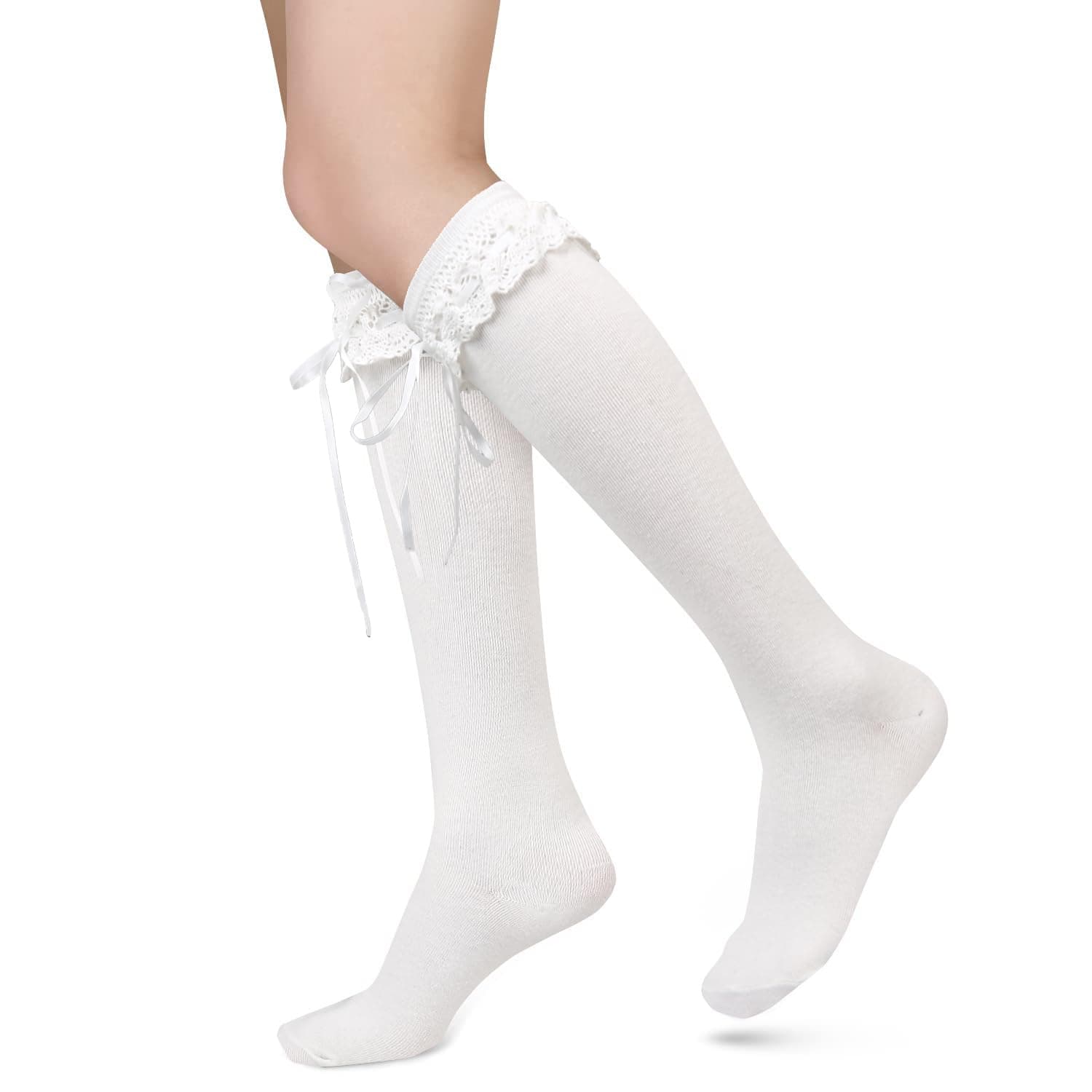 Womens Lace Ruffle Knee High Socks Girls Kawaii Lace Top Lolita Stockings Black White Cute Knee High Sock