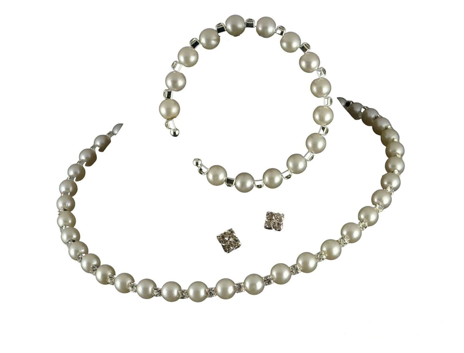 Jay Jewellery - Cream Faux Pearl & Rhinestone Crystal Choker Necklace, Earrings & Bracelet Set