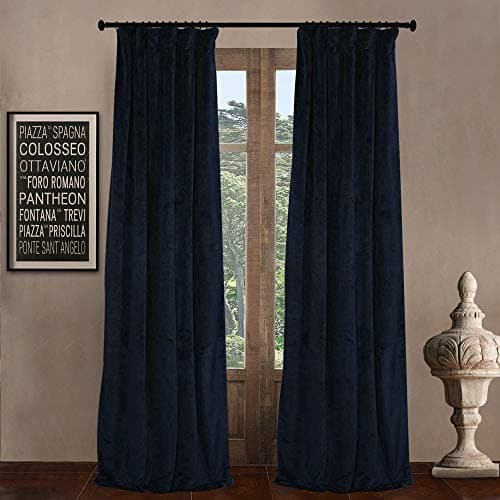 52" W x 108" L (set of 2 Panels) Pinch Pleat 90% Beige Lining Blackout Velvet Solid Curtain Thermal Insulated Patio Door Curtain Panel Drape For Traverse Rod and Track, Midnight Blue Curtain