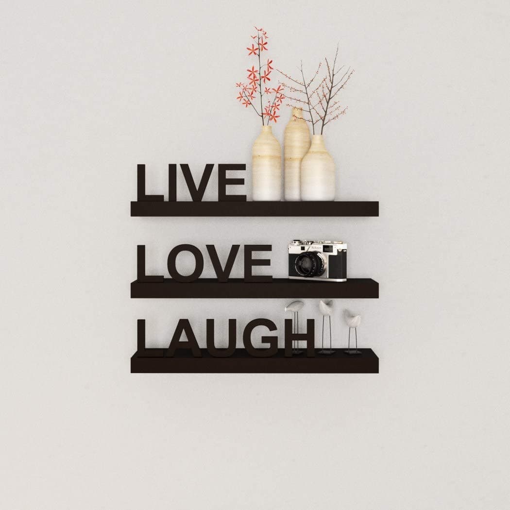 Decorative Home Decor, Inspiring Live Laugh Love Wall Floating Shelves Set MDF Wood, Black Contemporary Modern Stylish, Chic Wall Shelves Showcasing Three Positive Attitude Bold Words Wall Art, Sturdy