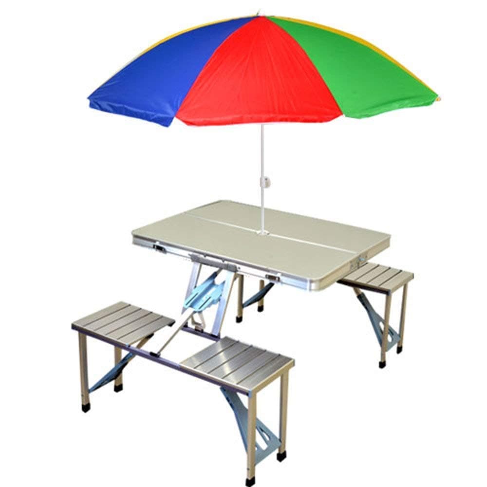 EMNDR New Heavy Duty Aluminium Portable Folding Picnic Table & Chairs Set with Umbrella