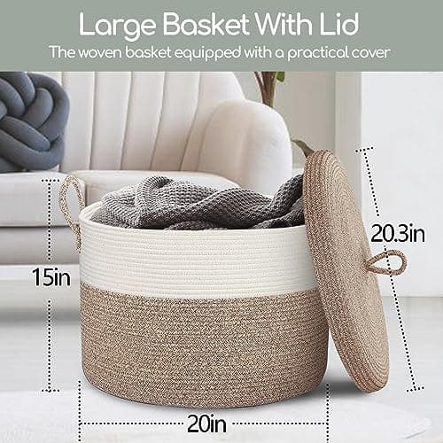 Large Basket with Lid, 20/inch x 15/inch Blanket Storage for Living Room, Wicker lid, Woven Cotton Rope Baskets Storage, Big Throw Blankets Pillows Organizer Bins Brown