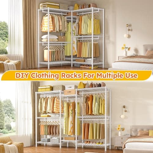 Raybee 77" White Garment Rack Heavy Duty Garment Rack 800 lbs Clothes Capacity Metal Garment Rack Sturdy Garment Rack Freestanding Closet 77"H x 75"W x 17.8"D White
