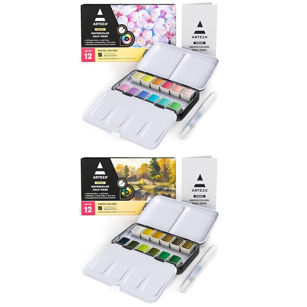 ARTEZA Pastel Watercolor Paint Set of 12 with Water Brush and Watercolor Paint Set with Water Brush 12 Watercolor Half Pans in Earth Tones