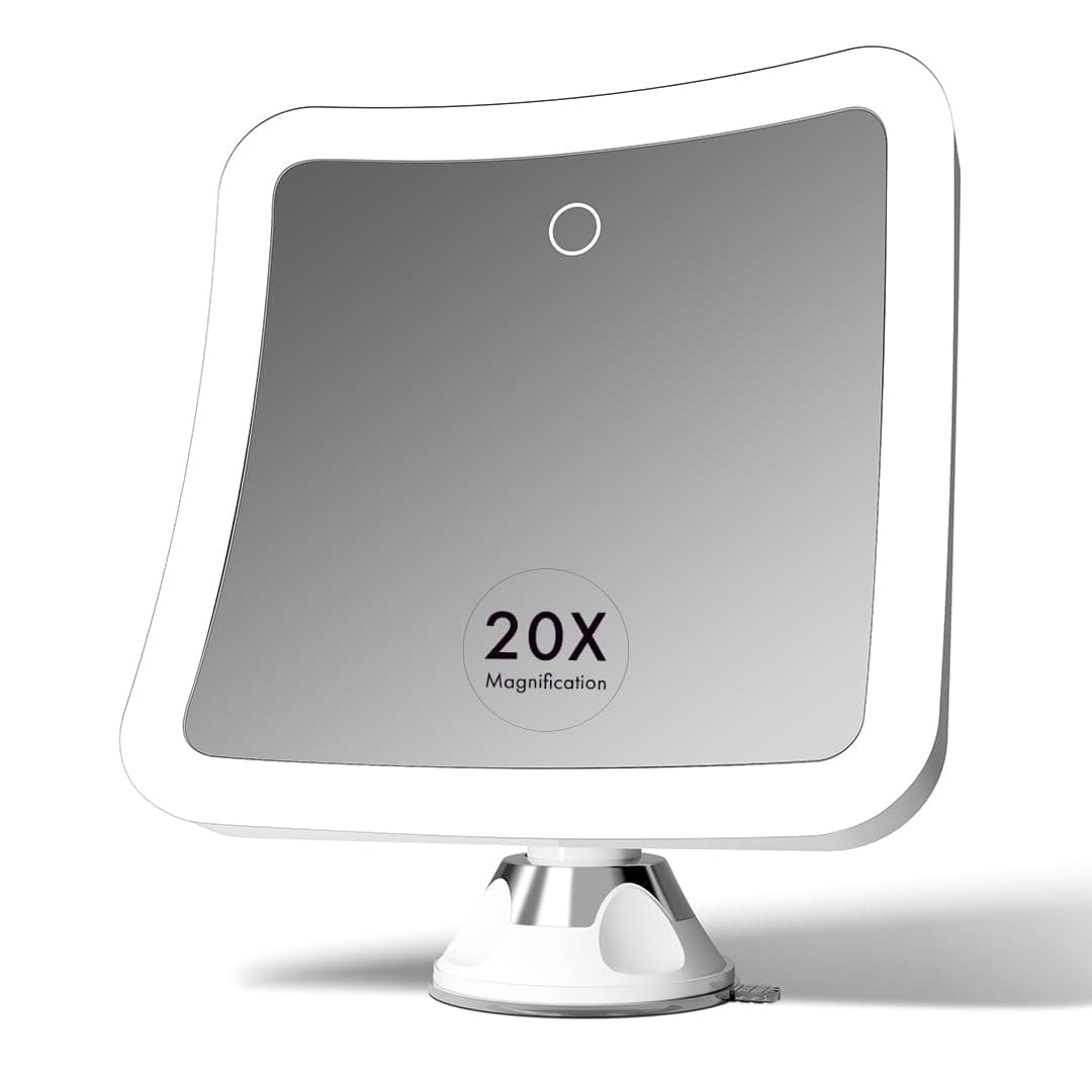 20x Magnifying Makeup Mirror with LED Lights, Rechargeable, High Zoom | 7-inch Large Lighted Travel Mirror for Vanity and Bathroom, Dimmable, 3 Light Settings, Strong Suction, 360° Rotation