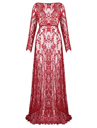 U-Story Sexy Deep V-Neck Long Sleeve Lace Beach See-Through Maternity Maxi Dress (XX-Large, Wine Red)