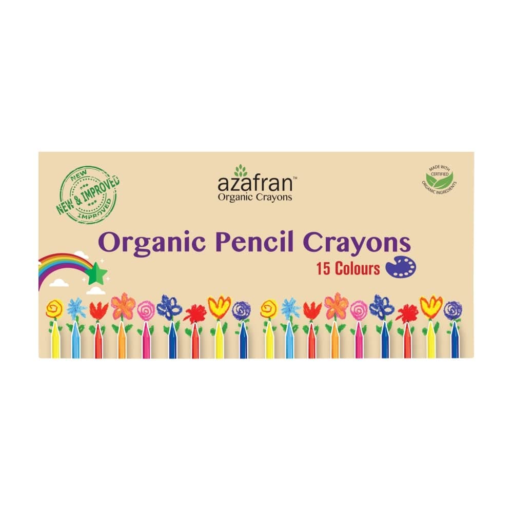 Organic Pencil Crayons - Pack of 15 Colored Thins, Non Toxic Ingredients, Non-Greasy, Eco Friendly, Food Grade Colors, for Toddlers, Fun with Playing and Stacking - 127 Grams