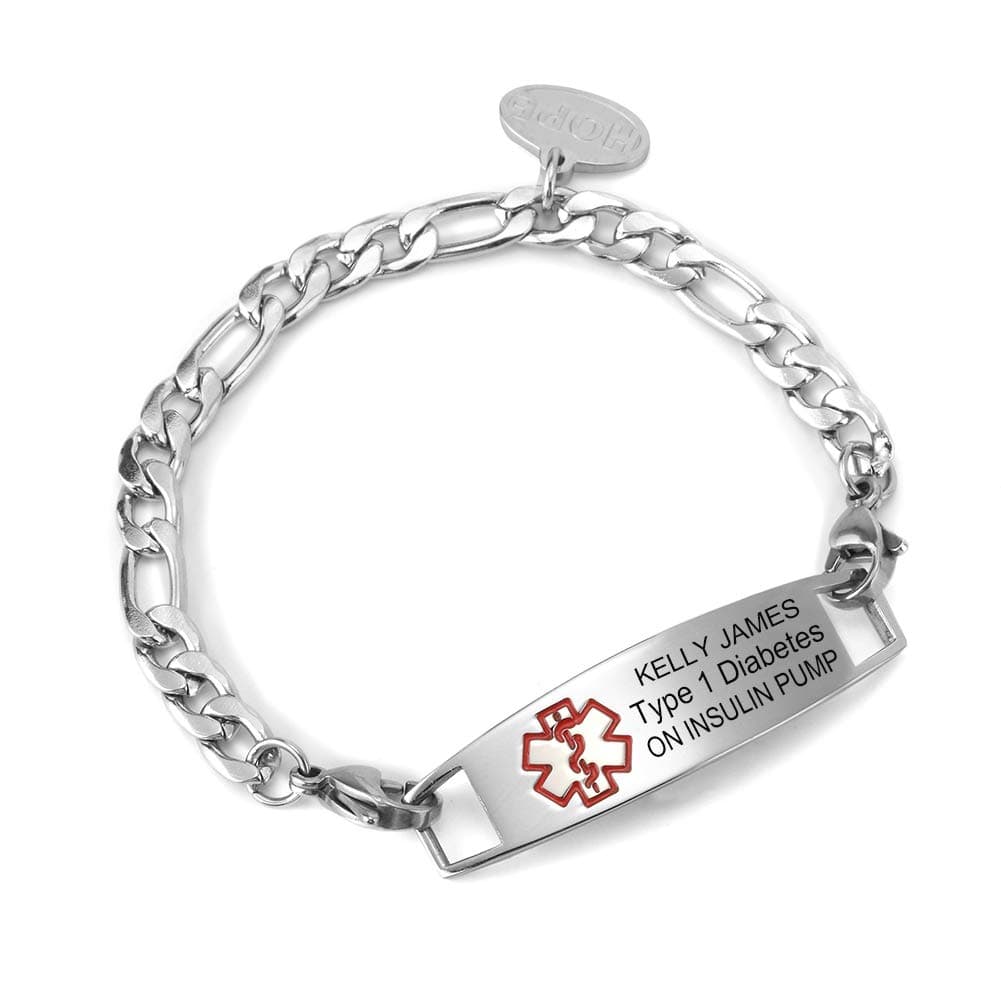 BBX JEWELRY Stainless Steel Figaro Chain Medical Alert ID Bracelets for Womens with Hope ID Tag Free Engraving