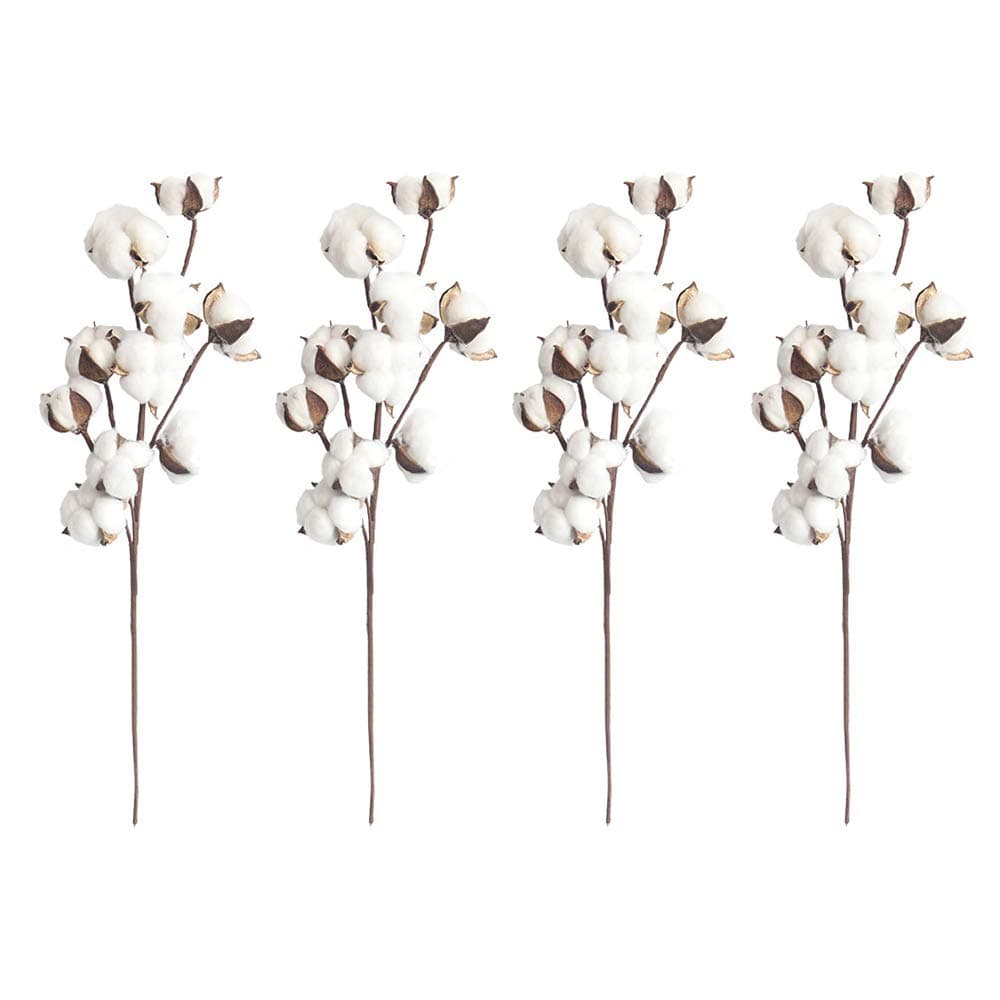 4 Pack Natural White Cotton Stems, 10 Bolls Per Stem 21 Inch Floral Picks Farmhouse Style Display Filler Real Cotton Floral Decor for Wedding House Furniture