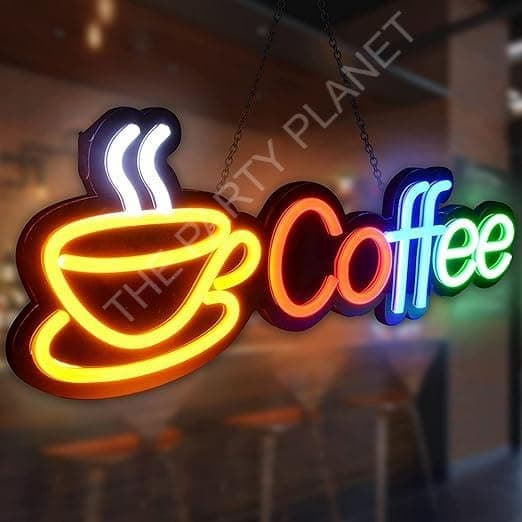 THE PARTY PLANET Coffee Neon Light/Sign Black Handmade Advertising Neon Sign for Bar, Food Shop, Pub Decoration (20" X 8")