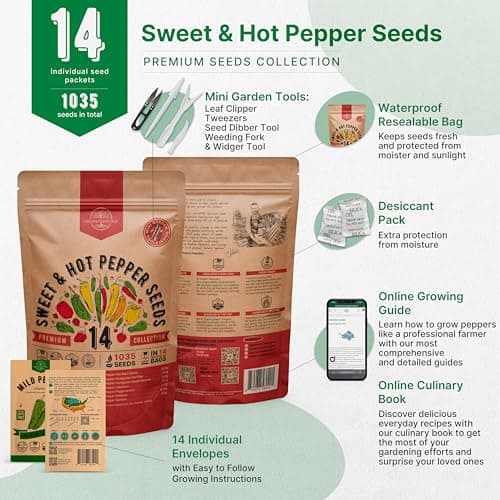 Organo Republic 14 Sweet & Hot Peppers Seeds Variety Pack 1030+ Seeds Non-GMO Peppers Seeds for Outdoor & Indoor Home Gardening Jalapeno Habanero Cayenne Serrano Poblano Cubanelle Pepperoncini