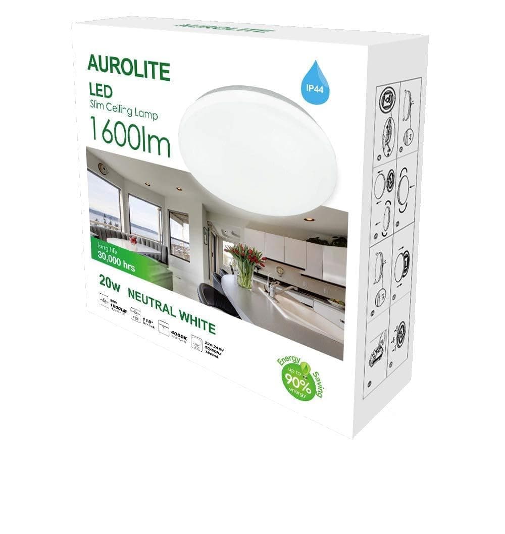 Super Slim LED Semi Flush Ceiling Light, 20W 1600Lm, Natural White (4000K), IP44, Ideal for Living Room, Bedroom, Kitchen, Hallway, Bathroom