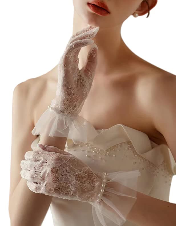 Short Lace Mesh Gloves Tulle Border with Pearls Wedding Opera Tea Party Gloves for Women Formal