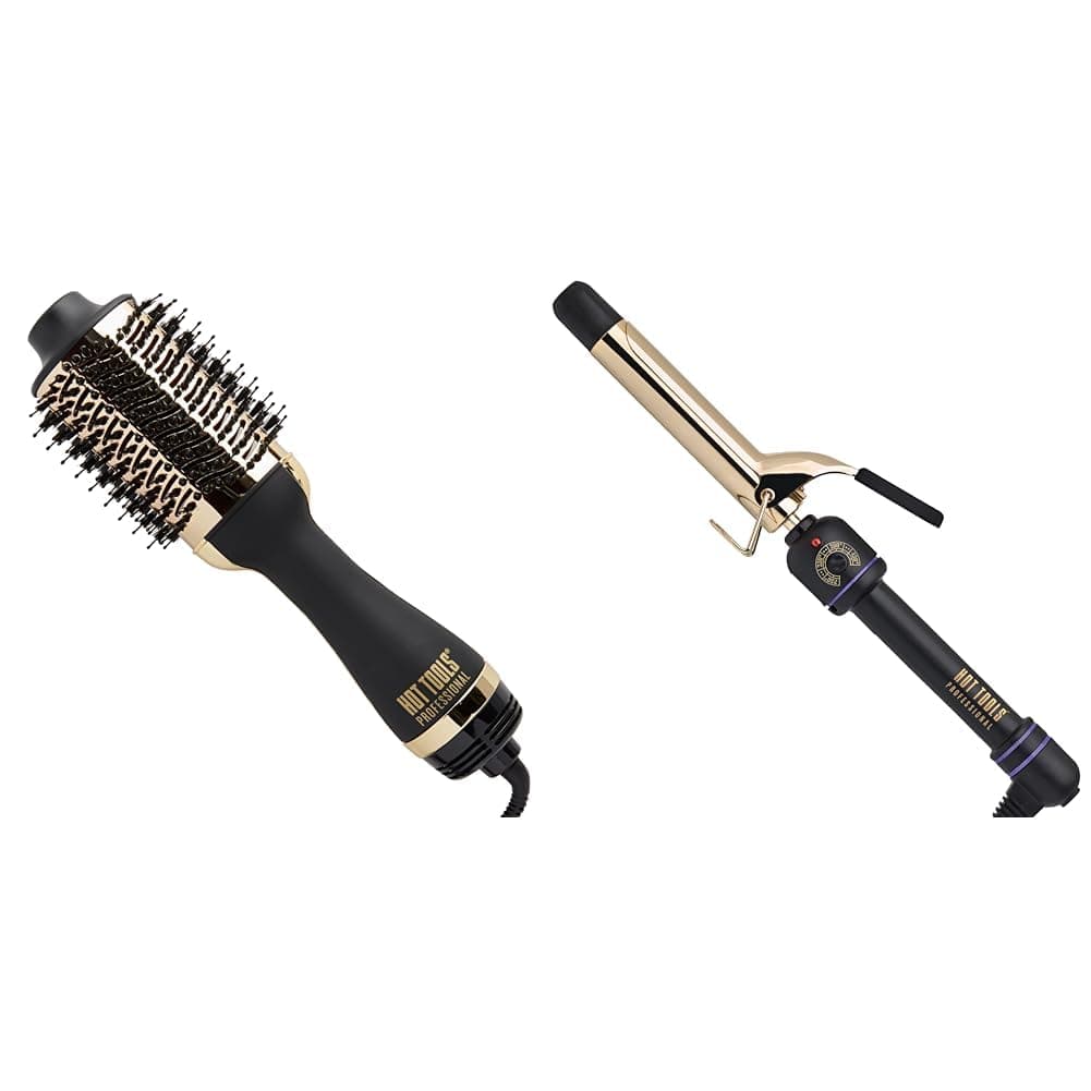 Hot Tools 24K Gold One-Step Hair Dryer and Volumizer | Style and Dry, Professional Blowout with Ease & Pro Artist 24K Gold Curling Iron | Long Lasting, Defined Curls (1 in)