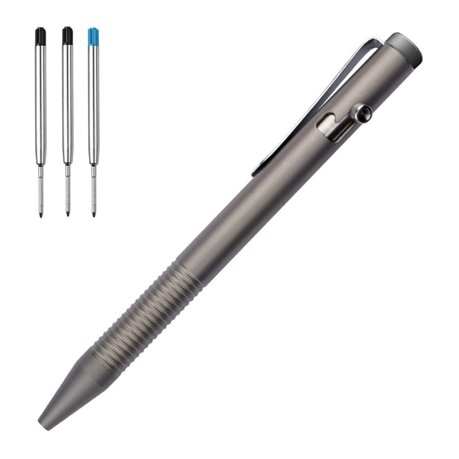 Lary Grey Titanium Alloy Bolt Action Pen Compatible with Parker Refill Stainless Steel Pen Clip EDC Pocket Business Collection Ballpoint Pen with 3 Extra Refills in Gift Box (LA001)