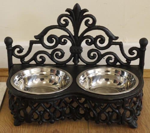 Small Cast Iron Dog or Cat Bowl Holder & 2 Stainless Steel Bowls