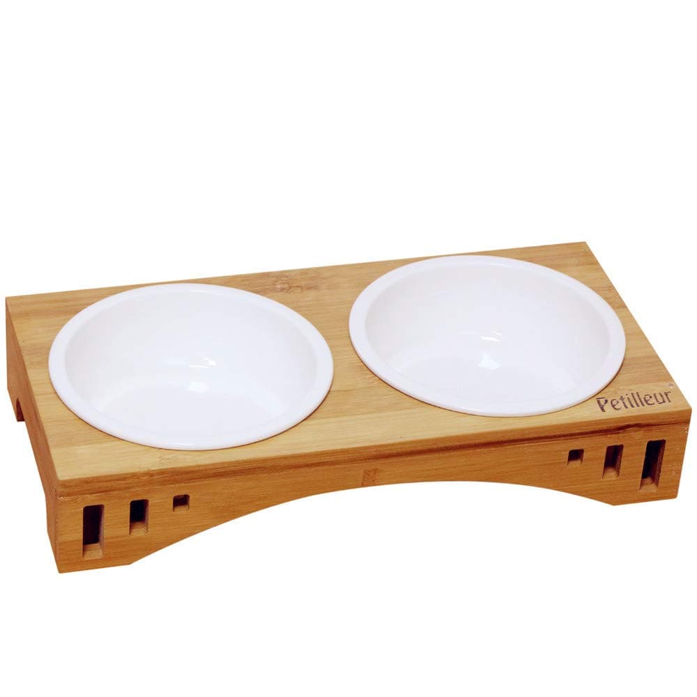 Petilleur Wooden Stand Pet Bowls Raised Cat Bowls with Bamboo Stand for Cats and Puppy (2 Bowls, Ceramic)