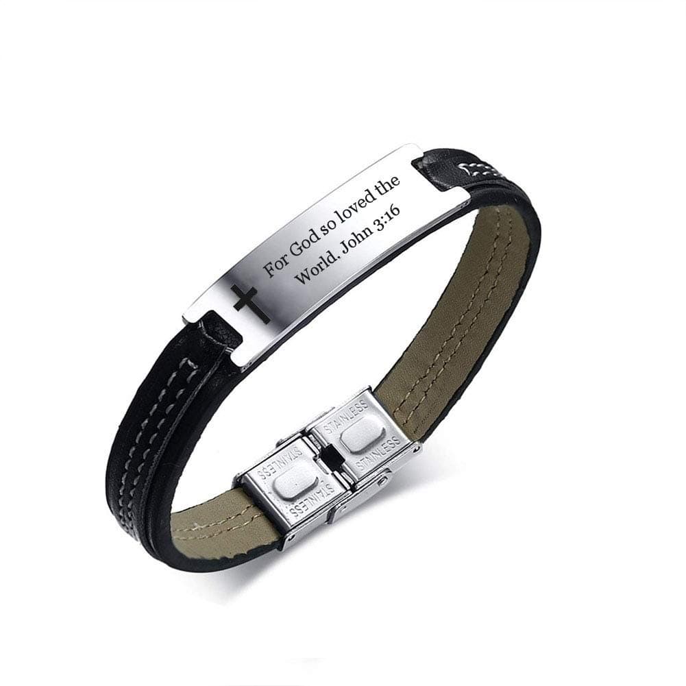 Stainless Steel and Leather Bible Verse Cross Bracelet for Men,Inspiring Scripture Quote,Christian Jewelry
