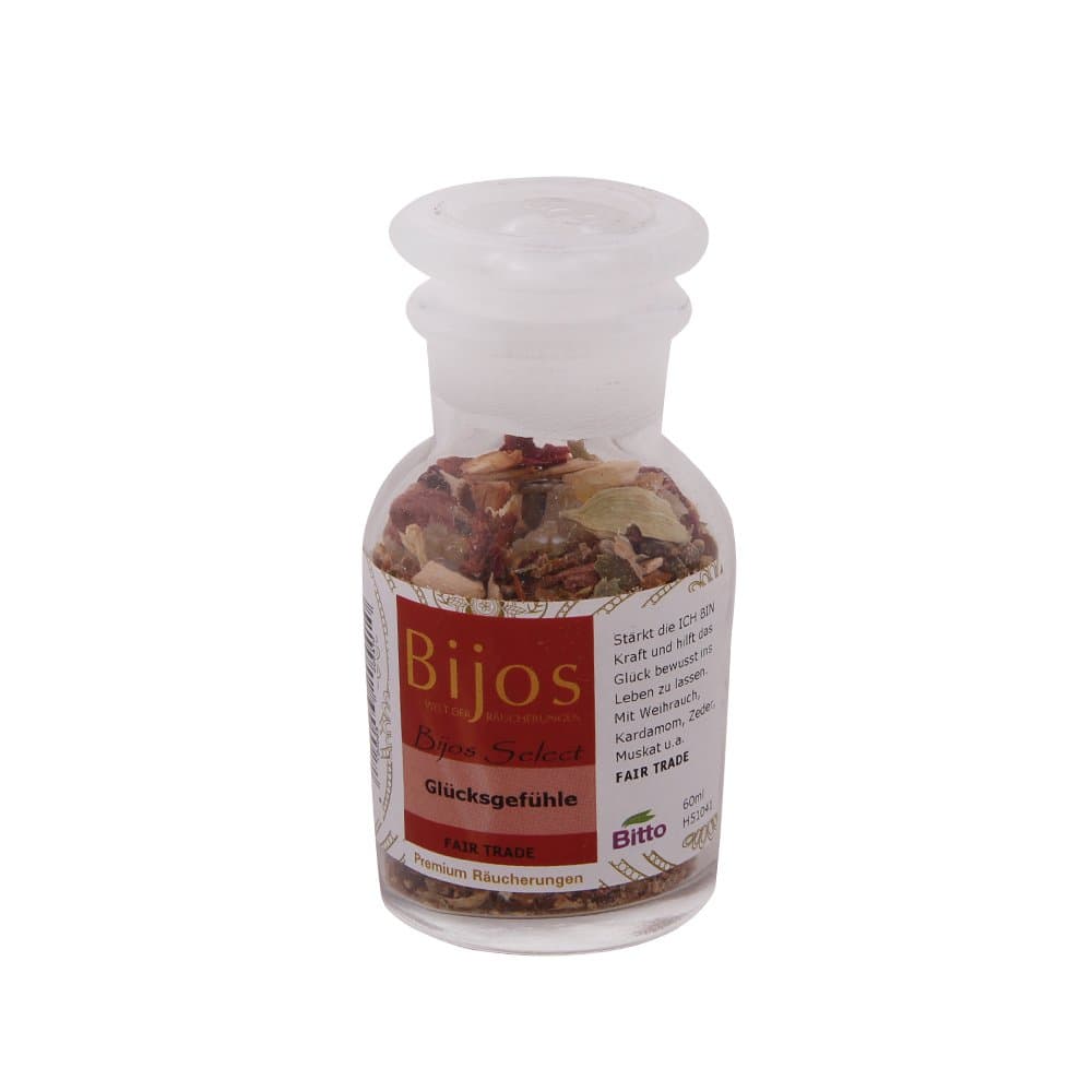 BiJos Select incense in a 60 ml little glass bottle. Happy feelings FAIR TRADE – strengthen YOUR power