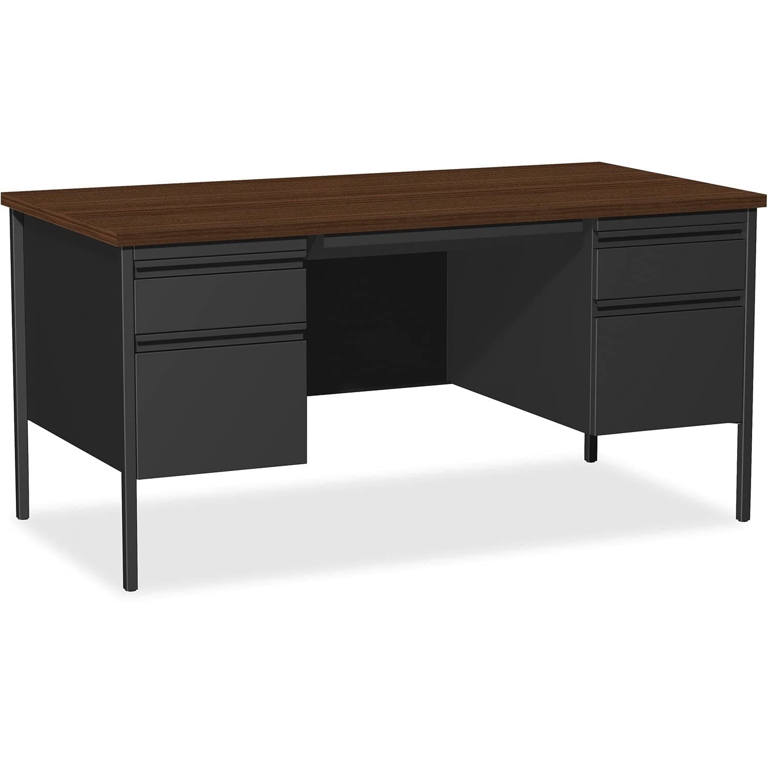 Lorell Fortress Series Double Pedestal Desk, 60" x 30" x 29.5", Black Steel Frame with Walnut Top