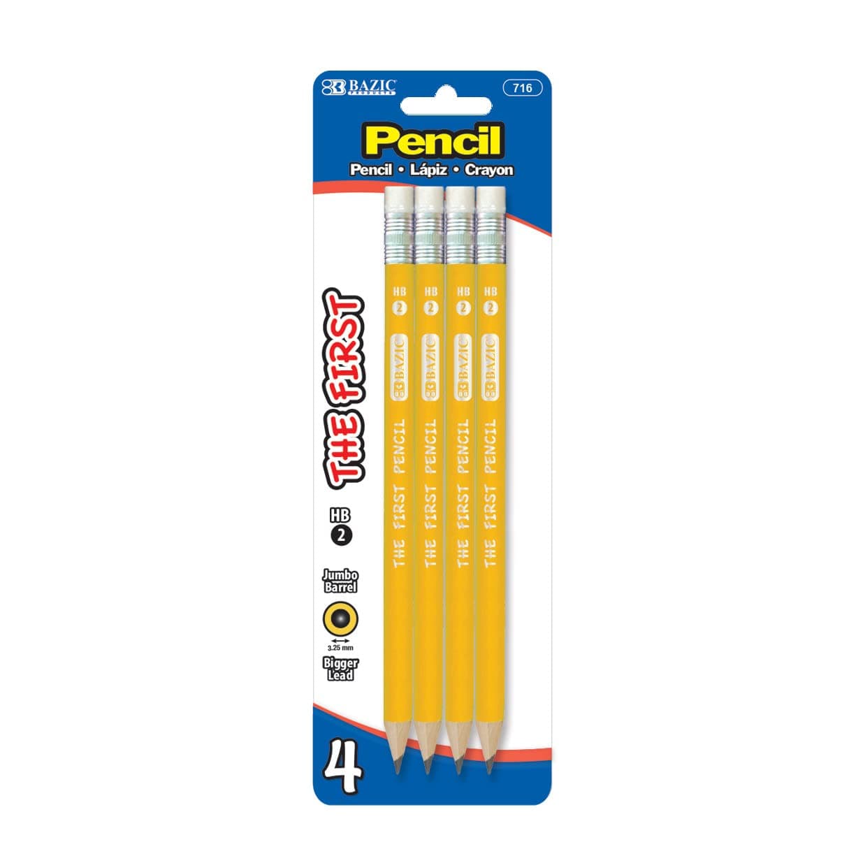 BAZIC Pencil Wood Pre-Sharpened #2 HB Jumbo Pencils, Latex Free Eraser, Premium Wood Pre Sharpened Yellow Pencils for School Office (4/Pack), 1-Pack