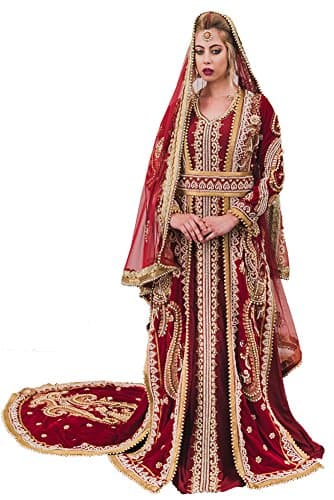 Kolkozy Fashion Women's Moroccan Style Long Sleeve Wedding Kaftan with Trail 4X Maroon