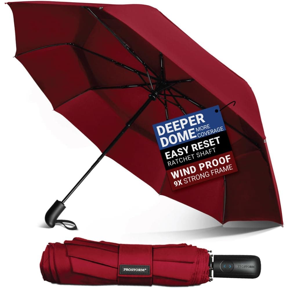 Vented Travel Umbrella | Strong Compact Windproof Umbrella | Deep Dome Coverage | Auto Open/Close | Portable Pop Up with Large Coverage | Fits Car & Backpack