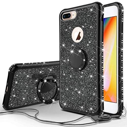 Galaxy Wireless iPhone 8 Plus Case,iPhone 7 Plus Case, Glitter Phone Case Ring Kickstand Bling Diamond Rhinestone Clear Bumper Sparkly Girls Women for Compatible for Apple iPhone 7/8 Plus - Black