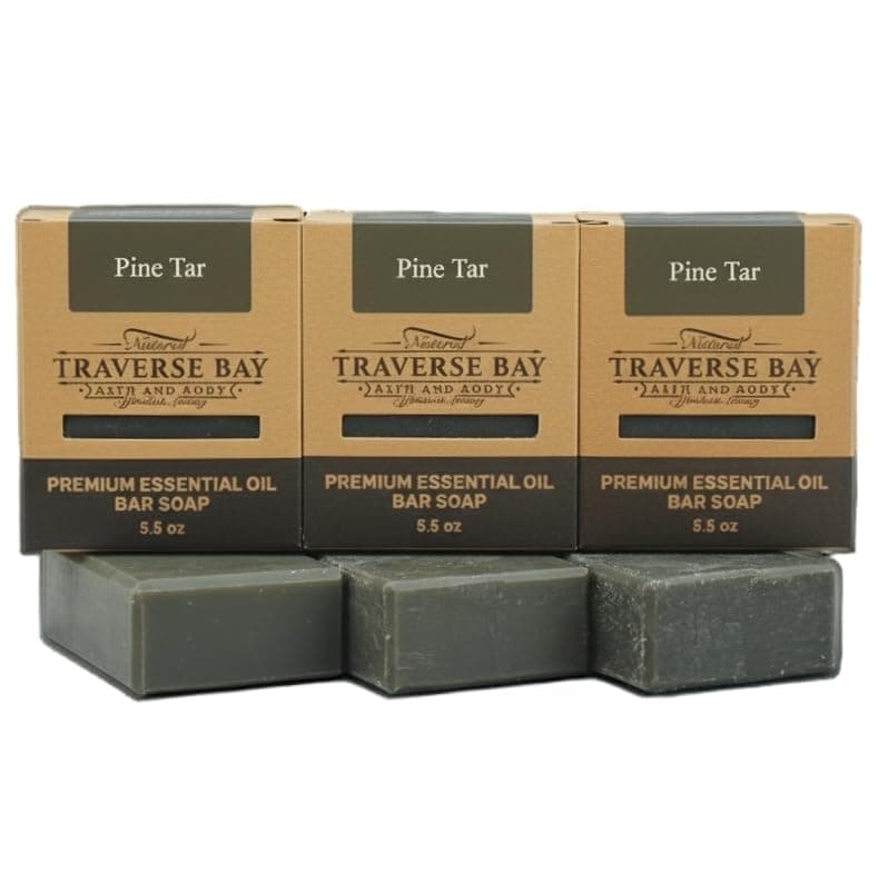 Traverse Bay Bath and Body Pine Tar Soap - Natural Cold Process Handmade Soap with Essential Oils- Pine Tar For Men With Activated Charcoal & Colloidal Oatmeal. Made in USA- 3 Bar Pack 15 + Oz