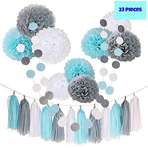 Party Decorations Set - Blue, Grey and White Tissue Pompoms Paper Tassel Garland and Balloons Birthday Decoration Kit - Easy Assembly Decorations Set for Wedding, Bachelorette, Birthday or Engagement