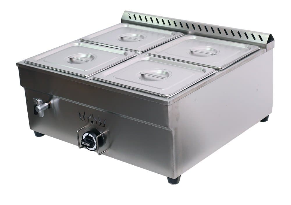 INTSUPERMAICommercial Propane Gas Food Soup Warmer Bain-Marie Buffet Food Warmer with Regulator Canteen Buffet Steam Heater 110V Double Row 4 Pan