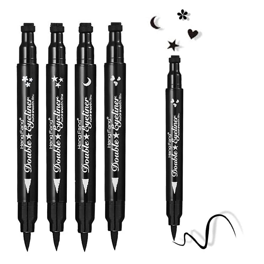 FATUXZ Double-headed Liquid Eyeliner Pen Stamp Super Slim Gel Felt Tip Waterproof Long Lasting Makeup Tool(Heart/Moon/flower/Star Shape Stamp Pen, 4 Styles/Set)