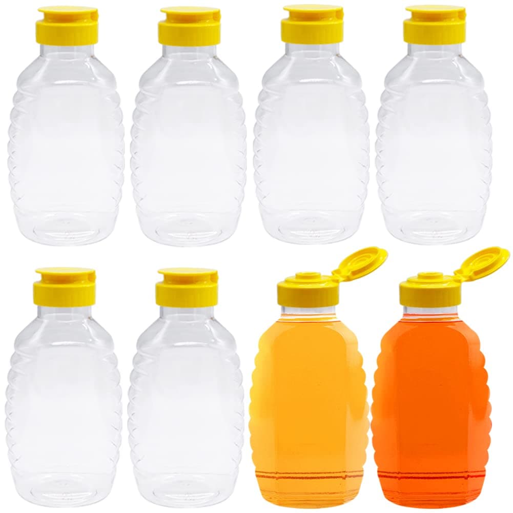 Qinsihwn 8 Pack 16oz Clear Plastic Honey Bottles,Refillable Food Grade Honey Container,Squeeze Honey Bottle With Leak Proof Flip-Top Caps for Storing and Dispensing