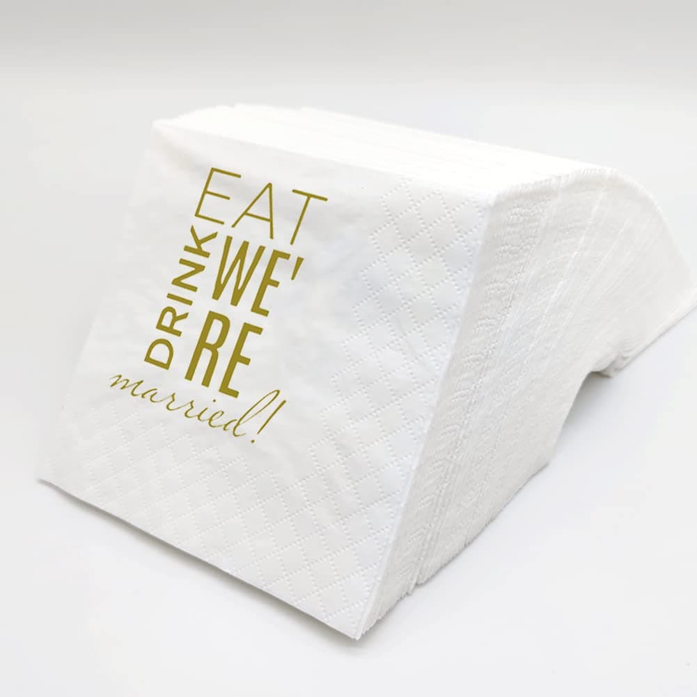 SharkBliss Eat Drink We're Married Napkins, 100 Pack Gold Eat Drink We're Married Paper Cocktail Napkins for Wedding Rehearsal Dinner Bridal Shower Engagement | 2-Ply, 5x5" (Eat Drink We're Married)