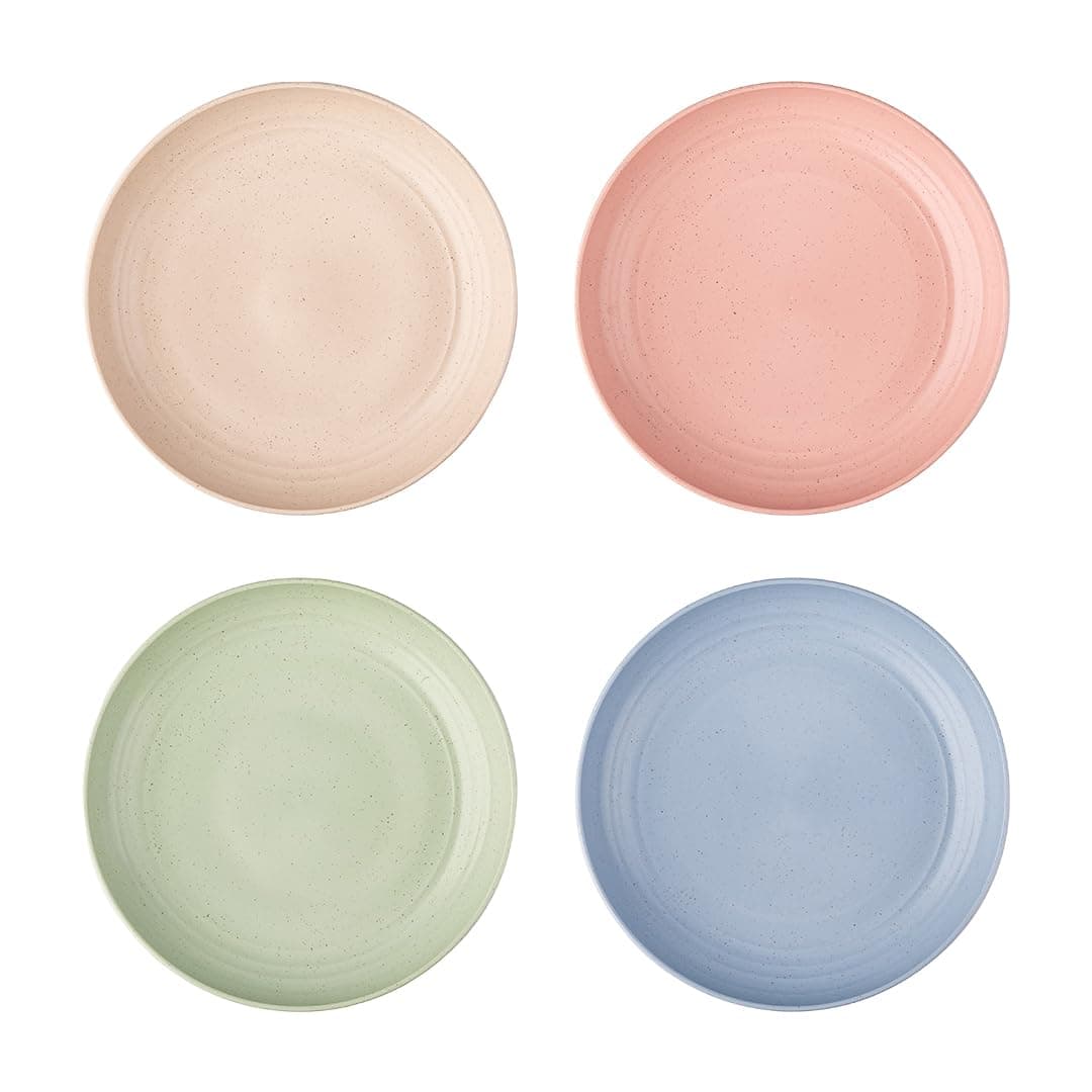 Irida Naturals Unbreakable 8" Wheat Straw & Bamboo Fiber Snack Plates, Pack of 4, Eco-Friendly, Lightweight & Reusable, Microwave Safe Breakfast Plates for Hot & Cold Serving (Multicolor)