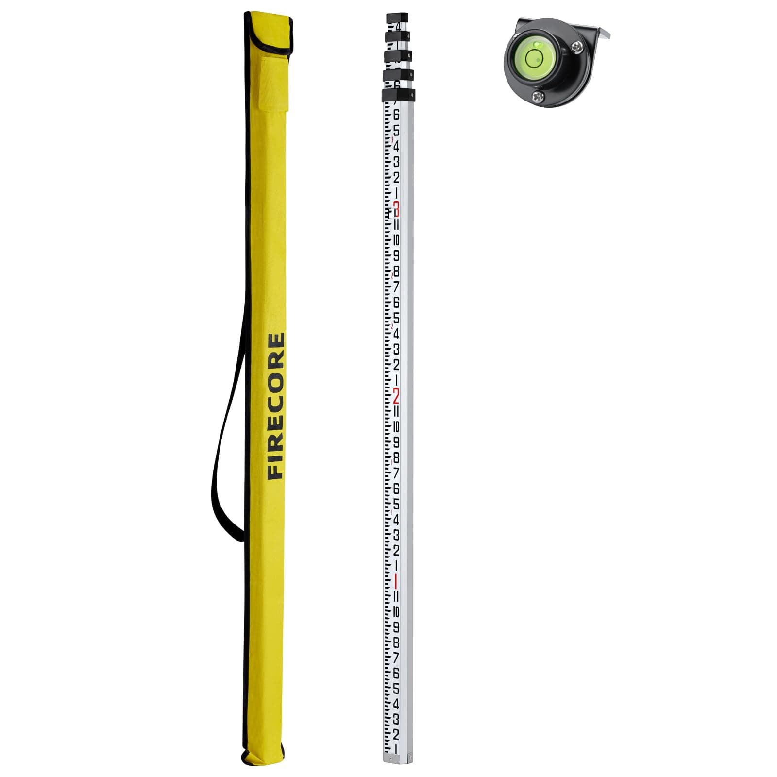 Firecore 16-Foot Aluminum Grade Rod - 10ths, 5 Sections Telescopic with Bubble Level-FLR500B