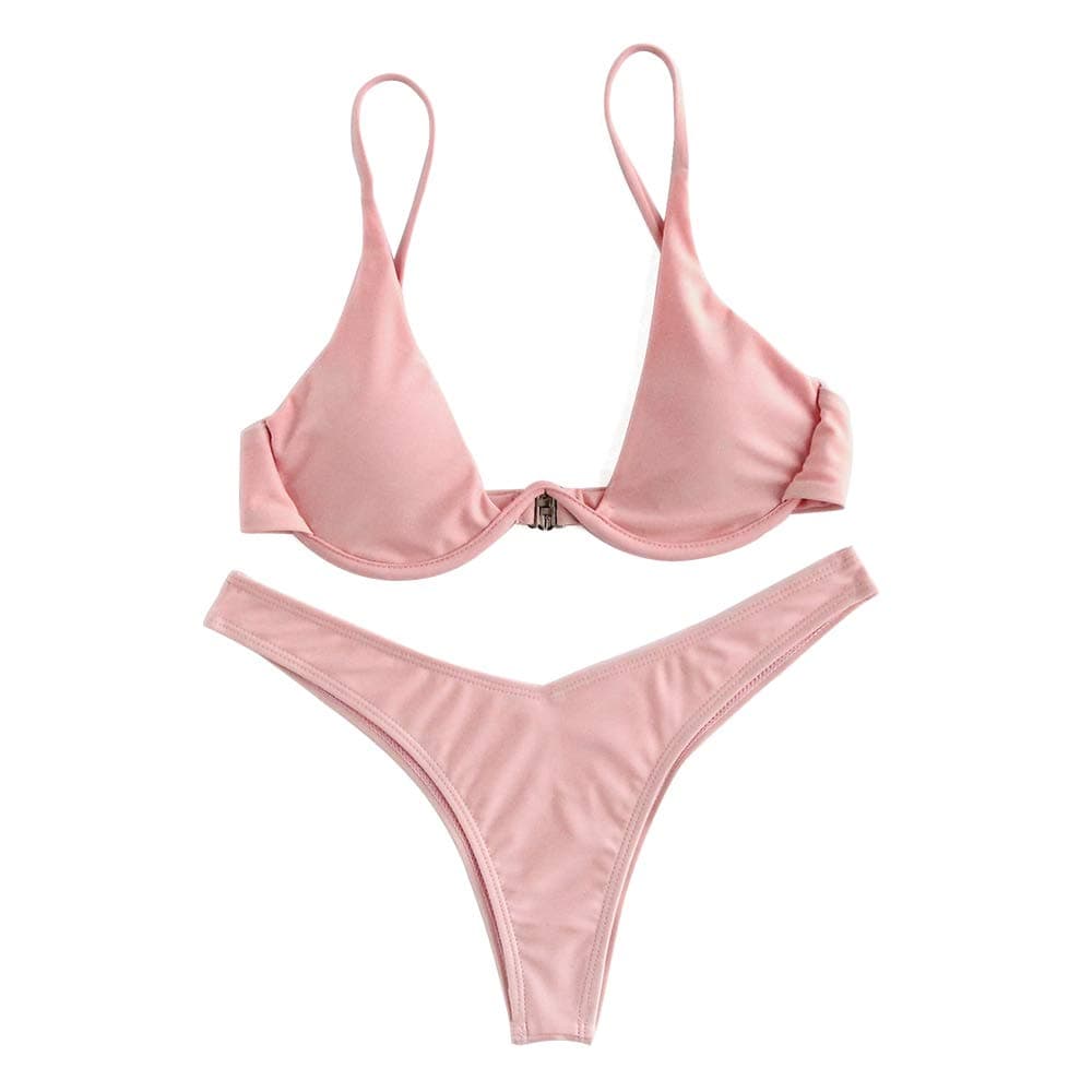 Rehao Women Brazilian Bikini Set Sexy Adjustable Stripe Push Up Top Thong Bottom Two Piece High Waisted Bikini Swimsuit (Pink, M)