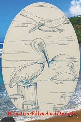 Oval Pelican Etched Window Decal Vinyl Glass Cling - 21" x 33" - White with Clear Design Elements
