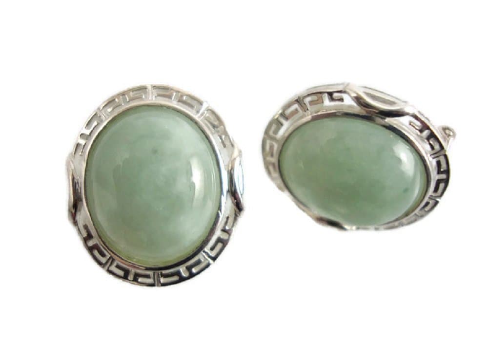 Signature 925 Sterling Silver Pale Green Oval Jade Earrings