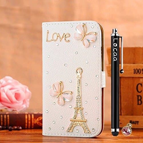 Locaa(TM) LG G2 LGG2 3D Bling Case + Phone stylus + Anti-dust ear plug Deluxe Luxury Crystal Pearl Diamond Rhinestone eye-catching Beautiful Leather Retro Support bumper Cover Card Holder Wallet Cases - [General series] Eiffel Tower butterfly