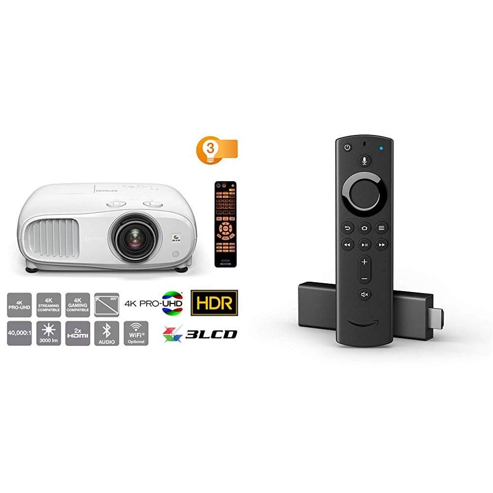 Epson EH-TW7000 3LCD, 4K PRO-UHD, 3000 Lumens, 500 Inch Display, Home Cinema, Streaming and Gaming Projector - White with Amazon Fire TV Stick with Alexa Voice Remote